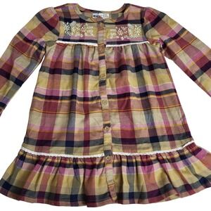 Kids Headquarters Size 5 Plaid Embroidered Floral Button Front Flannel Dress NWT